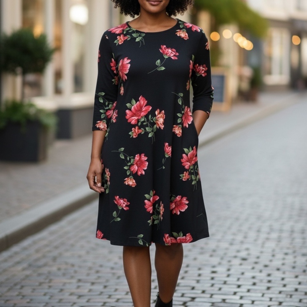 Joy Joy XS Black Floral Dress Criss Cross Back Long Sleeve